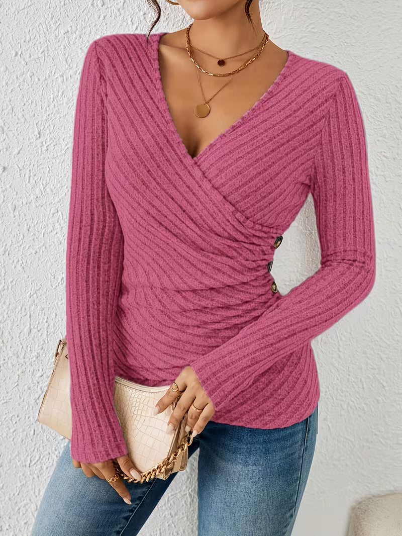Women's Casual Elegant Slim-Fit V-Neck Long Sleeve Sweater Top - Autumn Collection